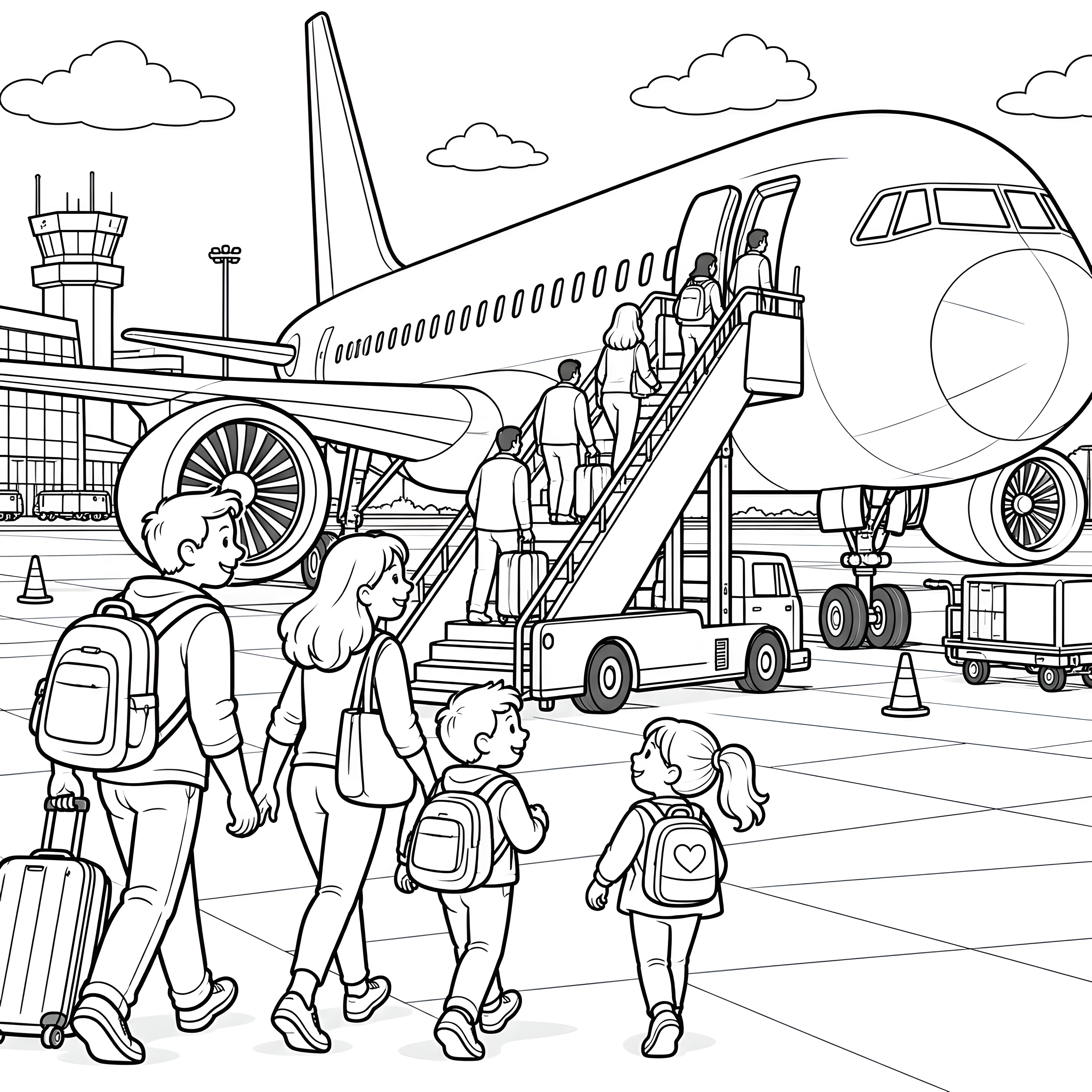Begeistertes Passagierflugzeug mit Reisenden Ausmalbild für kleine Weltenbummler