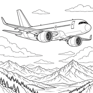 Dynamisches Passagierflugzeug über Gebirgslandschaft Ausmalvorlage für mutige Luftfahrer