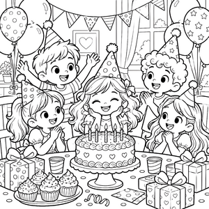 Heiteres Kindergeburtstagsausmalbild mit Torte Ausmalbild für kleine Abenteurer