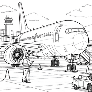 Beeindruckendes Passagierflugzeug am Kontrollturm Ausmalbild für kleine Tüftler