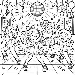 Lebhafte Disco-Party mit Kindern Ausmalbild für neugierige Partytiere