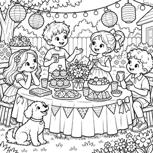 Fröhliche Gartenparty mit Kuchen Ausmalvorlage für verträumte Spürnasen