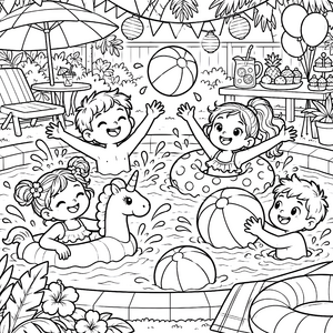 Fröhliche Poolparty mit Einhörnern Malvorlage für mutige Wasserratten