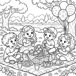 Fröhliche Picknick-Party im Park Malvorlage für Naturfreunde