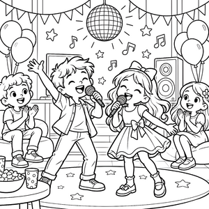 Fröhliche Karaoke-Party mit Discokugel Ausmalbild für Weltenbummler