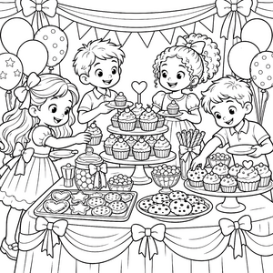 Fröhliche Cupcake-Feier mit Kindern Malbild für verträumte Naschkatzen