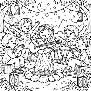 Heitere Lagerfeuerparty mit Gitarre Ausmalvorlage für junge Musikfreunde