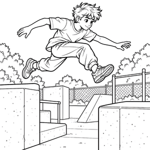 Energetischer Parkourläufer im Skatepark Ausmalbild für neugierige Bewegungskünstler