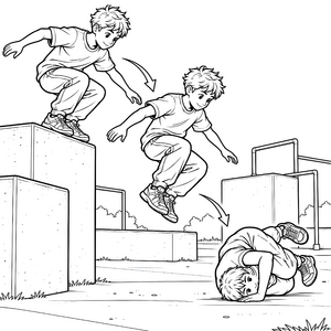 Flinke Parkourläufer auf Betonblöcken Ausmalvorlage für Bewegungstalente