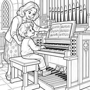 Liebevolle Mutter mit Kind an Orgel Ausmalvorlage für kleine Musikfreunde
