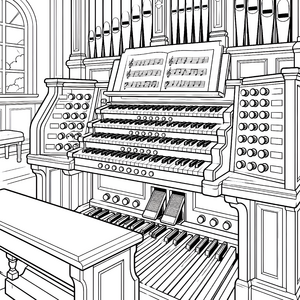 Imposante Orgel mit Noten Malvorlage für fröhliche Musikgenießer
