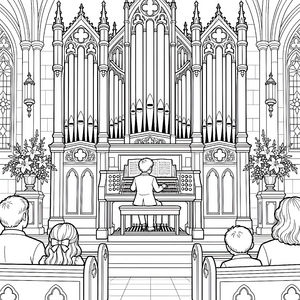 Majestätische Kirchenorgel mit Musiknoten Ausmalbild für kreative Töne