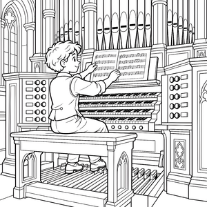 Begeisterter Junge an der Orgel Ausmalbild für mutige Künstler