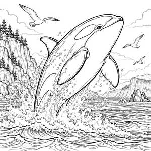 Kraftvoller Orca mit Möwen Malvorlage für Wasserratten