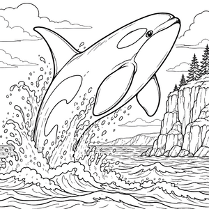Springender Orca an Küstenfelsen Malbild für verträumte Spürnasen