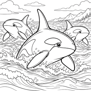 Freundliche Orcas im Sprung Malvorlage für Meeresfreunde