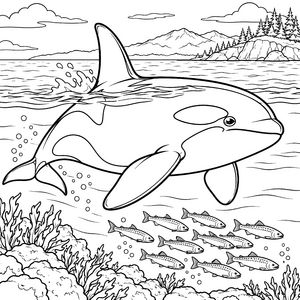 Mächtiger Orca mit Fischschwarm Malvorlage für Naturfreunde