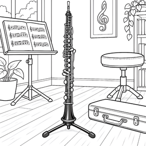 Stolze Oboe mit Notenständer Ausmalbild für mutige Musikbegeisterte