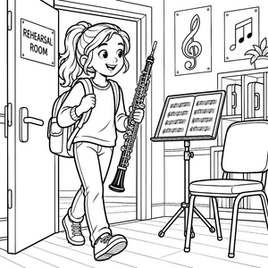 Motivierte Oboenistin im Probenraum Ausmalvorlage für kleine Musikfreunde
