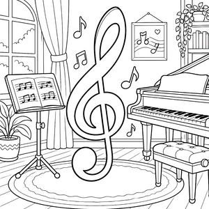 Harmonischer Notenschlüssel im Musikzimmer Malbild für kreative Tonfreunde