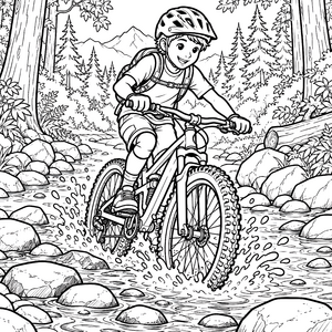 Mutiger Mountainbiker im Bach Ausmalvorlage für verträumte Abenteurer