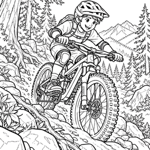 Dynamischer Mountainbiker auf steinigem Pfad Ausmalvorlage für kleine Waldläufer