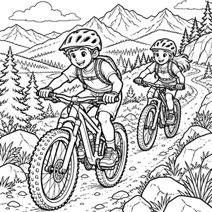 Freundliche Mountainbiker auf Waldwegen Malvorlage für Naturfreunde