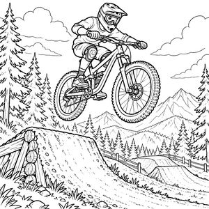 Dynamischer Mountainbiker auf Holzrampe Malvorlage für Geschwindigkeitsfans