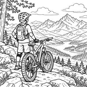 Ehrfürchtiger Mountainbiker vor den Bergen Malvorlage für malfreudige Wanderer