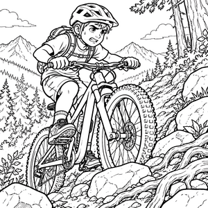Konzentrierter Mountainbiker auf felsigem Pfad Ausmalvorlage für mutige Wildhüter