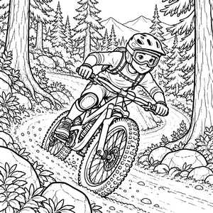 Geschickter Mountainbiker im Wald Ausmalvorlage für kreative Spürnasen