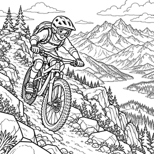 Konzentrierter Mountainbiker am See Ausmalbild für Outdoorfans