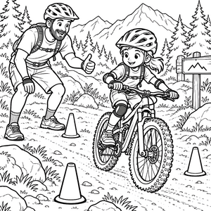 Fröhliche Mountainbiker am Wegweiser Malvorlage für kleine Entdecker