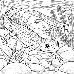 Verspielte Molche unter Wasserpflanzen Malbild für junge Naturfreunde