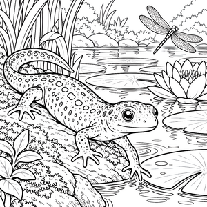 Wachsamer Molch am Seerosenblatt Malbild für mutige Wasserratten
