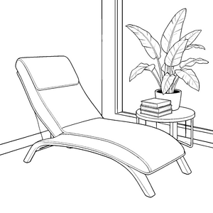 Gemütliche Chaiselongue neben Zimmerpflanze Ausmalvorlage für kreative Wohnraumträumer