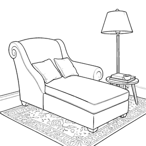 Gemütliche Chaiselongue mit Kissen und Stehlampe Ausmalbild für Wohnraumträumer