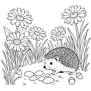 Wachsamer Igel zwischen Gänseblümchen Malbild für mutige Landratten