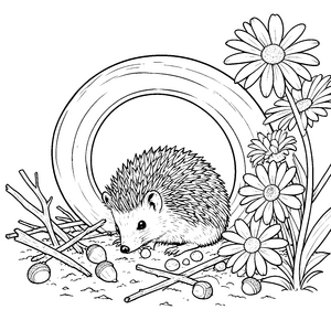 Verspielter Igel bei Eicheln und Blumen Ausmalvorlage für Weltenbummler