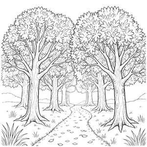 Üppiger Laubwald mit steinigem Pfad Malbild für kleine Abenteurer