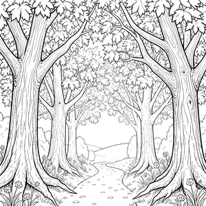 Üppiger Laubwald mit Waldweg Ausmalbild für kreative Waldgeister