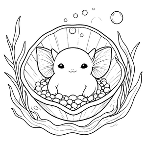 Freudiges Kawaii-Axolotl in einer Muschel Ausmalbild für Weltenbummler