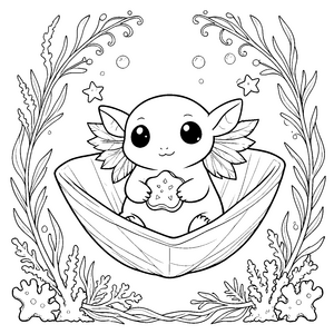 Verspieltes Kawaii-Axolotl mit Seestern Ausmalbild für kreative Meeresbewohner