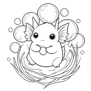 Verspieltes Kawaii Axolotl mit Seifenblasen Malvorlage für malfreudige Spürnasen