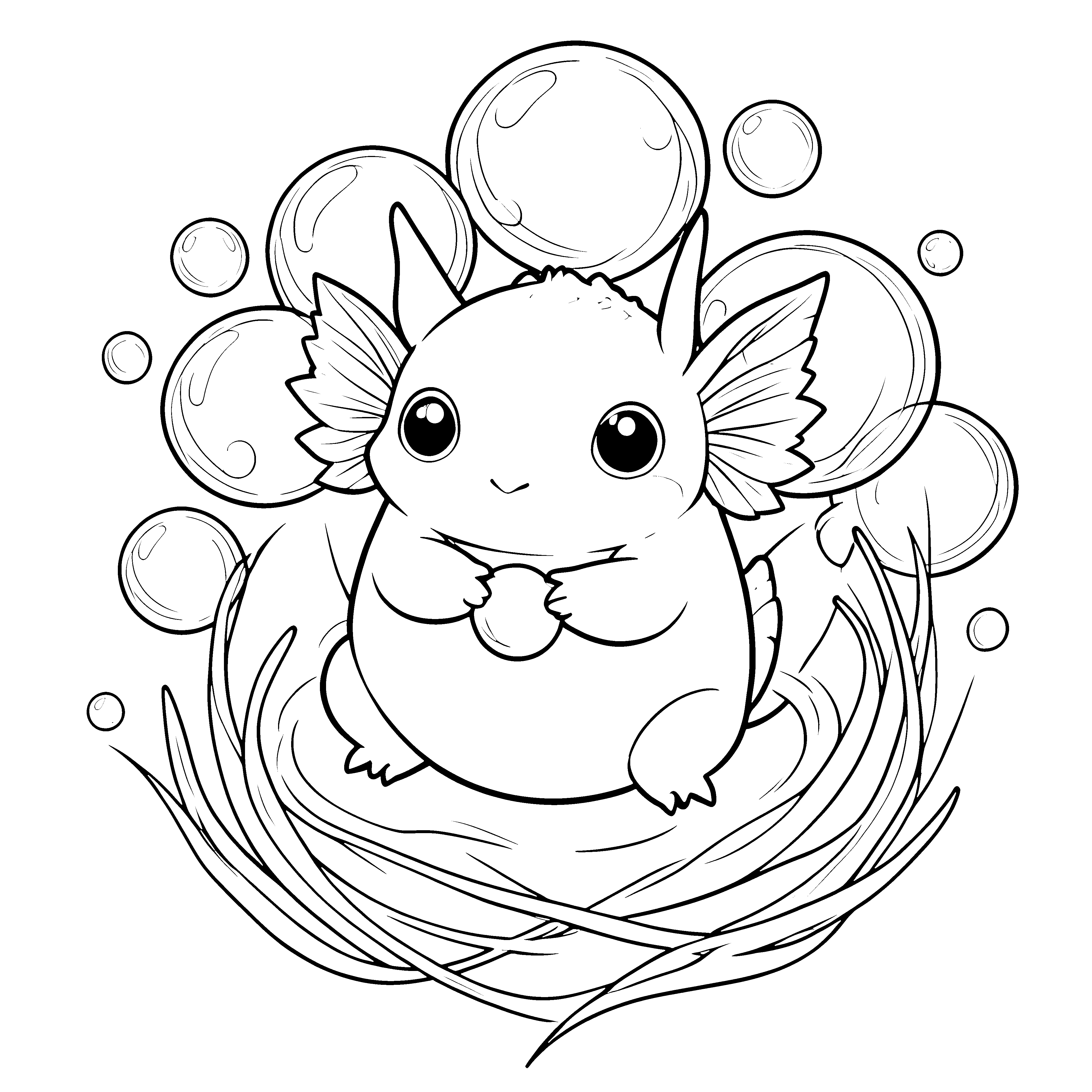 Verspieltes Kawaii Axolotl mit Seifenblasen Malvorlage für malfreudige Spürnasen
