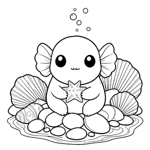 Niedliches Kawaii-Axolotl mit Seestern Ausmalvorlage für verträumte Abenteurer
