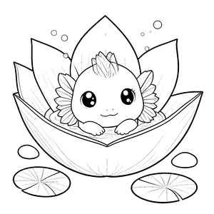 Verspieltes Kawaii-Axolotl in einer Lotusblüte Ausmalvorlage für kleine Naturfreunde