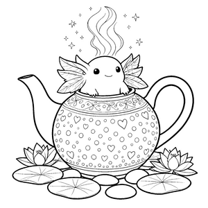 Dämpfender Kawaii-Axolotl in der Teekanne Malvorlage für malfreudige Landratten