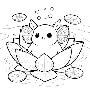Heiteres Kawaii Axolotl in Lotusblüte Malvorlage für kreative Bastler
