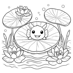 Fröhliches Kawaii-Axolotl im Seerosenteich Ausmalvorlage für Naturfreunde